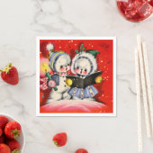 レトロなビンテージクリスマスのカロリング雪の子供たちパーティー スタンダードカクテルナプキン (インサイチュ)