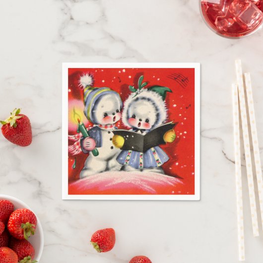 レトロなビンテージクリスマスのカロリング雪の子供たちパーティー スタンダードカクテルナプキン (インサイチュ)