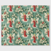レトロなビンテージクリスマスエンジェルと花 ラッピングペーパー (フラット)