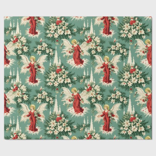 レトロなビンテージクリスマスエンジェルと花 ラッピングペーパー (シーム)