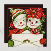 レトロなビンテージクリスマスカード作成雪だるまパーティー  招待状 (正面/裏面)