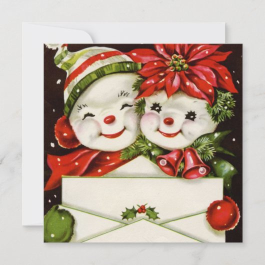 レトロなビンテージクリスマスカード作成雪だるまパーティー  招待状 (正面)