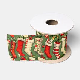 レトロなビンテージクリスマスソックスグリーン サテンリボン