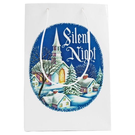 レトロなビンテージクリスマス教会のシーン ミディアムペーパーバッグ (正面)