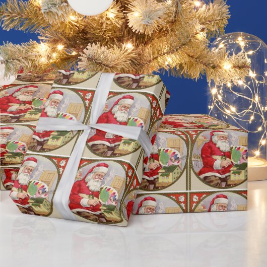 レトロなビンテージサンタと彼の絵のクリスマス ラッピングペーパー (クリスマス)