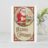 レトロなビンテージサンタと彼の絵のクリスマス 招待状 (スタンド正面)