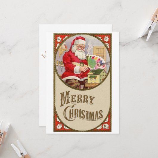 レトロなビンテージサンタと彼の絵のクリスマス 招待状 (正面/裏面インサイチュ)