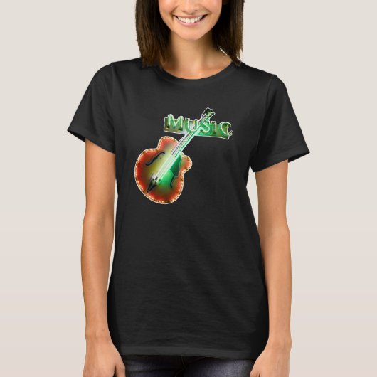 レトロなビンテージベースギター音楽ネオンサイン グリーン Tシャツ (正面)