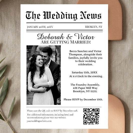 レトロなビンテージ新聞風結婚式 招待状