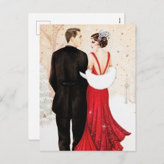レトロなビンテージ アールデコのクリスマス カップル シーズンポストカード (正面/裏面)