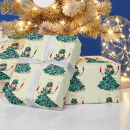 レトロなビンテージ クリスマスツリーの女の子 ラッピングペーパー