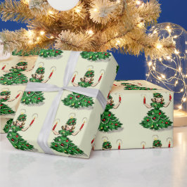 レトロなビンテージ クリスマスツリーの女の子 ラッピングペーパー