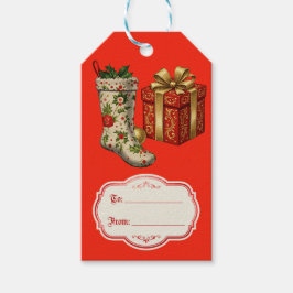 レトロなビンテージ クリスマス ソックス 赤 ギフトタグ