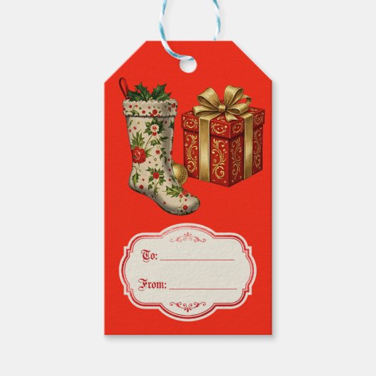 レトロなビンテージ クリスマス ソックス 赤 ギフトタグ (正面)