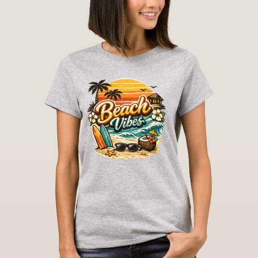レトロなビーチの雰囲気 サンセット 熱帯 ビーチ Tシャツ (正面)