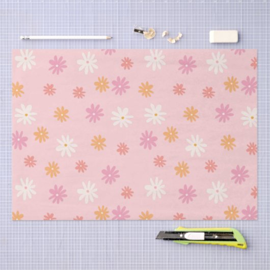 レトロなピンクとオレンジのデイジー フラワー 薄葉紙 (クラフト)