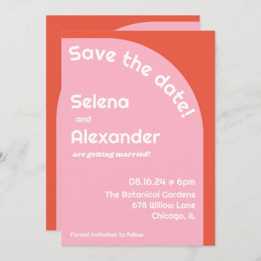 **レトロなピンクとオレンジの鮮やかな色のウェディング** セーブザデート (正面/裏面)