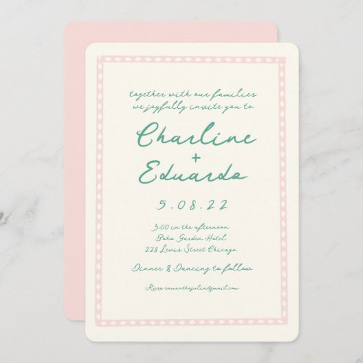 レトロなピンクとグリーンの手書きウェディング 招待状 (正面/裏面)