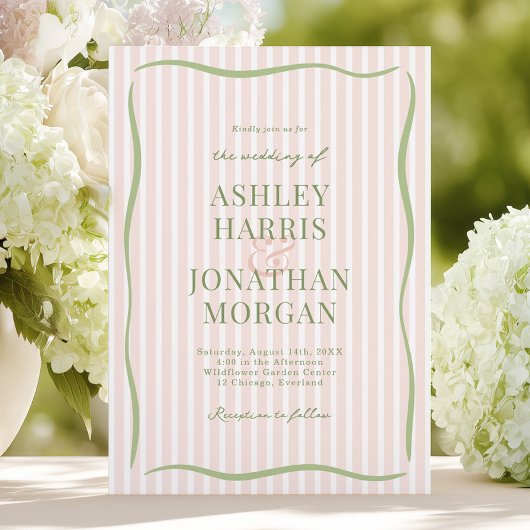 レトロなピンクとセージのストライプ ウェディング 招待状