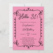 レトロなピンクとブラックの手書き31歳誕生日パーティー 招待状 (正面)