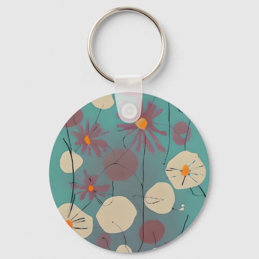 レトロなピンクと白の花 キーホルダー (正面)