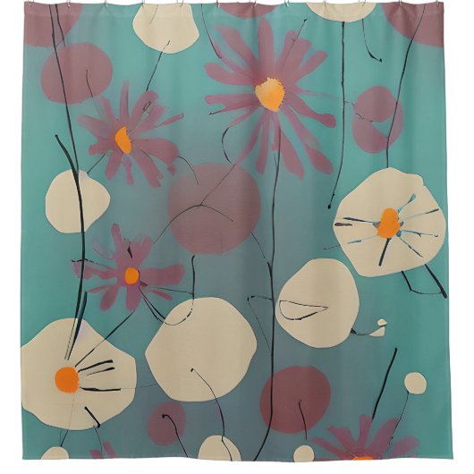 レトロなピンクと白の花 シャワーカーテン (正面)