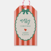 レトロなピンクと赤と緑のストライプのクリスマスおめでとう ギフトタグ (正面)