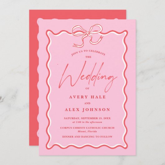 レトロなピンクと赤のウェーブ写真フレーム ウェディング 招待状 (正面/裏面)