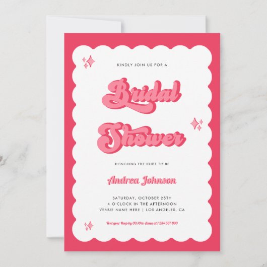 レトロなピンクと赤のグルービースクリプト ブライダルシャワー 招待状 (正面)