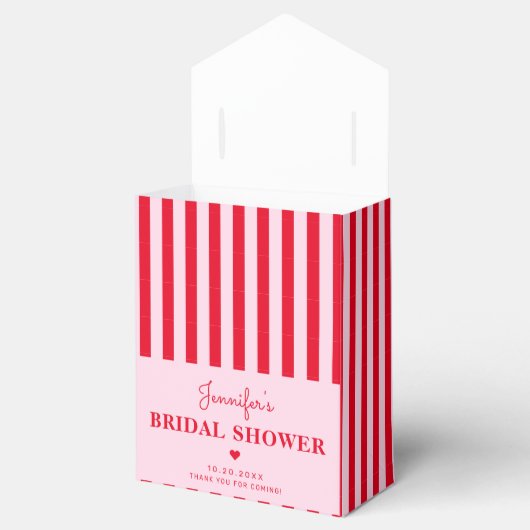 レトロなピンクと赤のストライプ柄のカスタム ブライダルシャワー フェイバーボックス (オープン)
