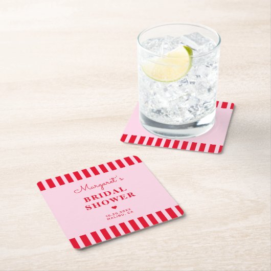 レトロなピンクと赤のストライプ柄 結婚前のお祝いカスタム スクエアペーパーコースター (インサイチュ)