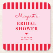 レトロなピンクと赤のストライプ柄 結婚前のお祝いカスタム スクエアペーパーコースター (正面)