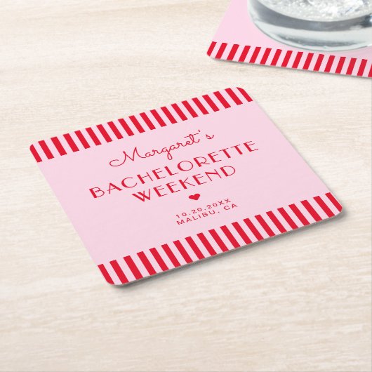 レトロなピンクと赤のストライプ バチェロレッテウィークエンド スクエアペーパーコースター (アングル)