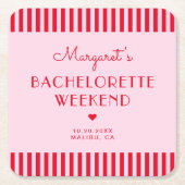 レトロなピンクと赤のストライプ バチェロレッテウィークエンド スクエアペーパーコースター (正面)