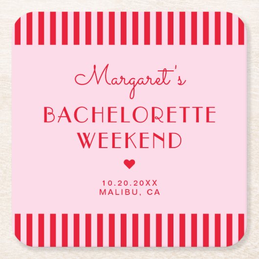 レトロなピンクと赤のストライプ バチェロレッテウィークエンド スクエアペーパーコースター (正面)
