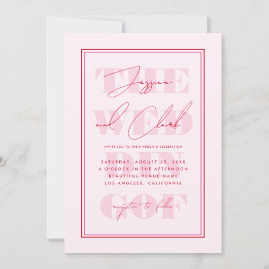 レトロなピンクと赤のタイポグラフィスクリプトシンプルウェディング 招待状 (正面)