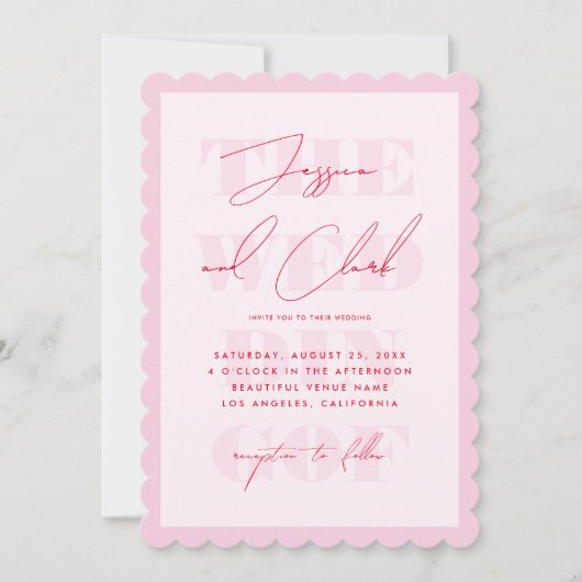 レトロなピンクと赤のタイポグラフィスクリプトシンプルウェディング 招待状 (正面)