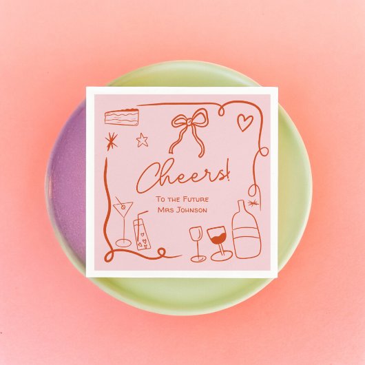 レトロなピンクと赤の手描きイラストのブライダルシャワー スタンダードカクテルナプキン