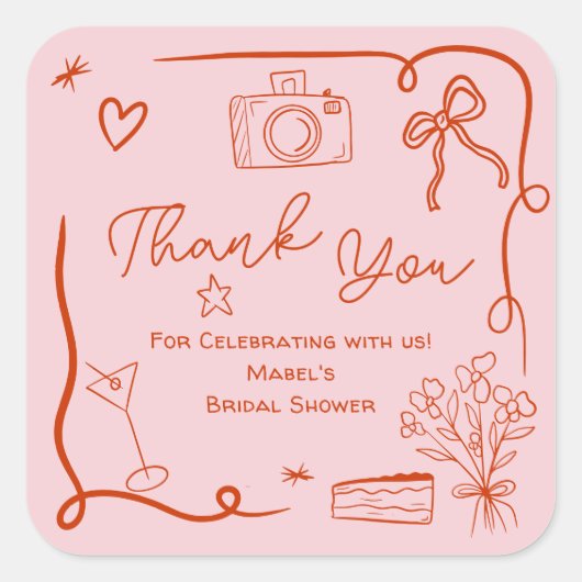 レトロなピンクと赤の手描きイラスト付きのブライズシャワー スクエアシール (正面)