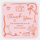 レトロなピンクと赤の手描きイラスト付きのブライダルシャワー スクエアシール (正面)