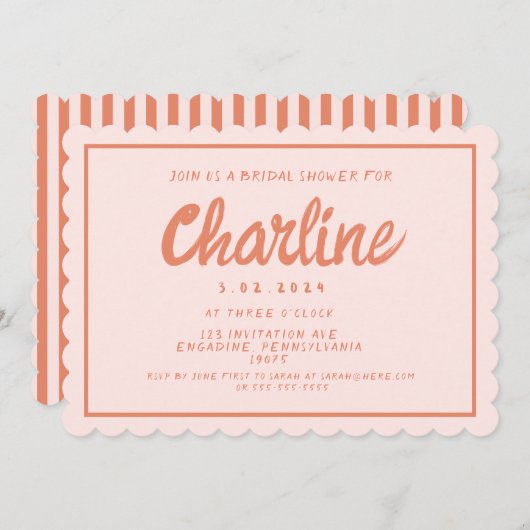 レトロなピンクと赤の手書き文字のウェディングシャワー招待状 招待状 (正面/裏面)