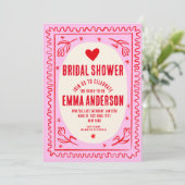 レトロなピンクと赤の手書き文字のブライズシャワー 招待状 (スタンド正面)