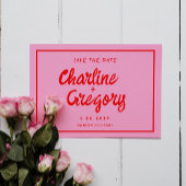 レトロなピンクと赤の手書き結婚式 Save the Date セーブザデート