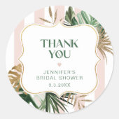 レトロなピンクのストライプのトロピカル ブライダル シャワー ラウンドシール (正面)