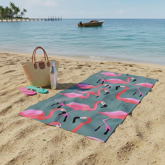 レトロなピンクのフラミンゴ ビーチタオル