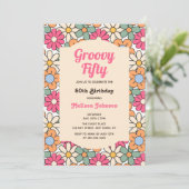 レトロなピンクの桃の花のグルービーな50歳の誕生日 招待状 (スタンド正面)