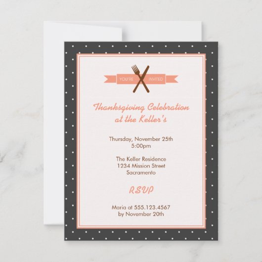 レトロなピンクの水玉模様がフレームになったホステスのディナーパーティー 招待状 (正面)