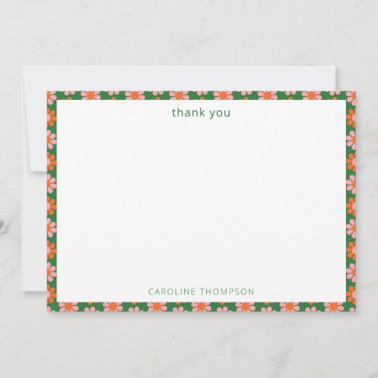 レトロなピンクの緑の花 可愛い ブライダルシャワーのカスタム サンキューカード (正面)