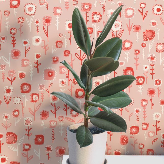 レトロなピンクの花柄がキュート 壁紙 (Retro pink floral ditsy fun peel and stick wallpaper)