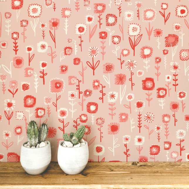 レトロなピンクの花柄がキュート 壁紙 (Retro pink floral ditsy fun peel and stick wallpaper)